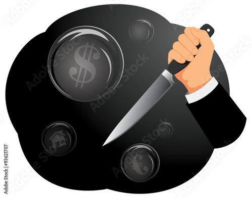 Knife in hand among bubbles with currency symbols. Stock market crisis.