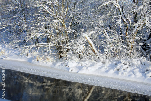 beautiful winter landscape with a snow-covered forest and the river on a sunny winter day