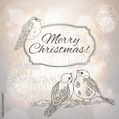 Merry Christmas greeting card with bullfinches and snowflakes on