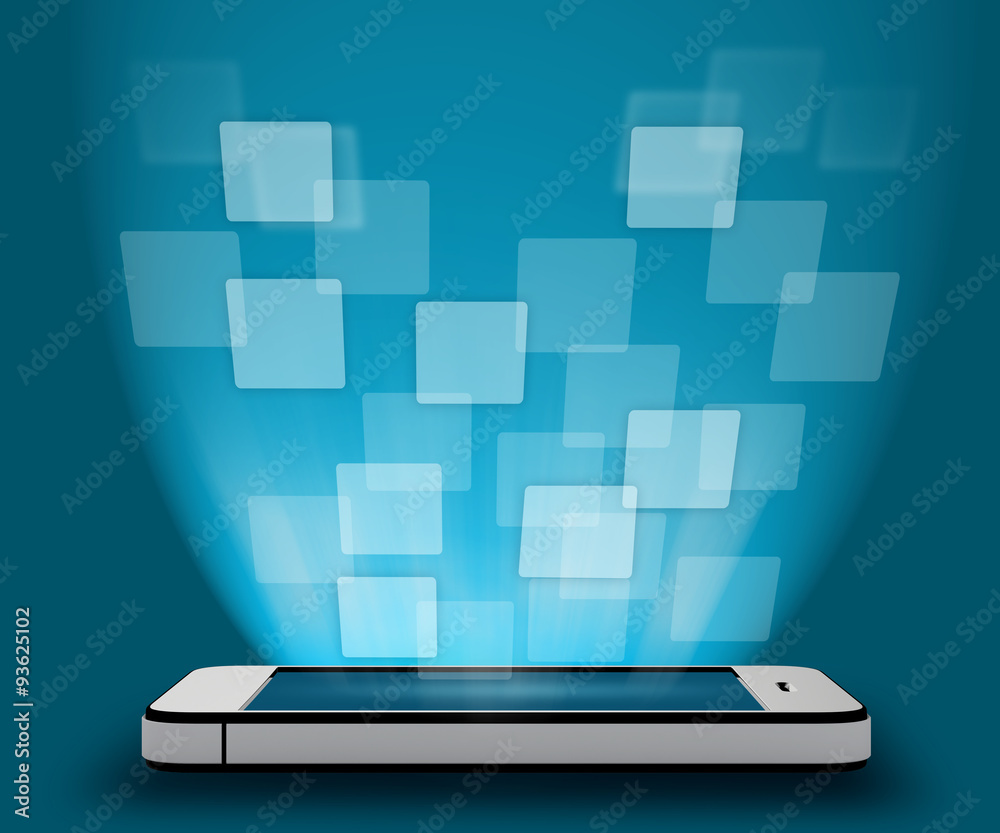 Flying squares over a mobile phone on blue background with glow Flying squares over a mobile phone on blue background with glow