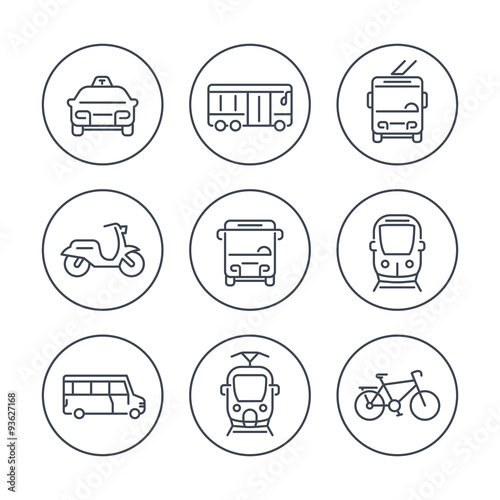 City transport, tram, train, bus, bike, taxi, trolleybus, line icons in circles, vector illustration