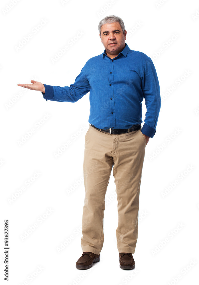 full body mature man holding gesture over white full body mature man holding gesture over white