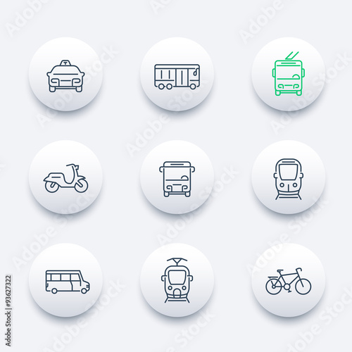 City transport, tram, train, bus, bike, taxi, trolleybus, line round modern icons, vector illustration