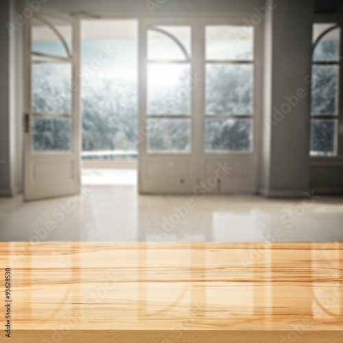 wooden desk space and window 