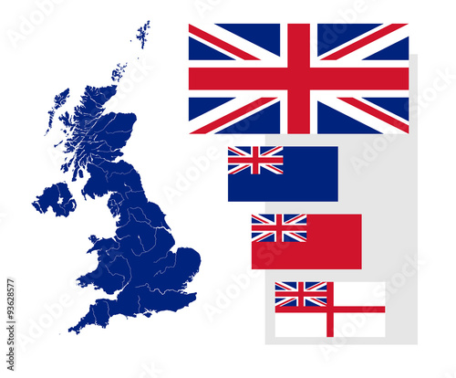 Map of the United Kingdom with rivers and four British flags - national flag, state ensign, civil ensign and naval ensign. Flags has a proper design, proportion and colors.