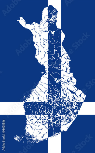 Map of Finland in colors of the Finnish flag. Colors of flag are proper. Rivers and lakes are shown. #93628586