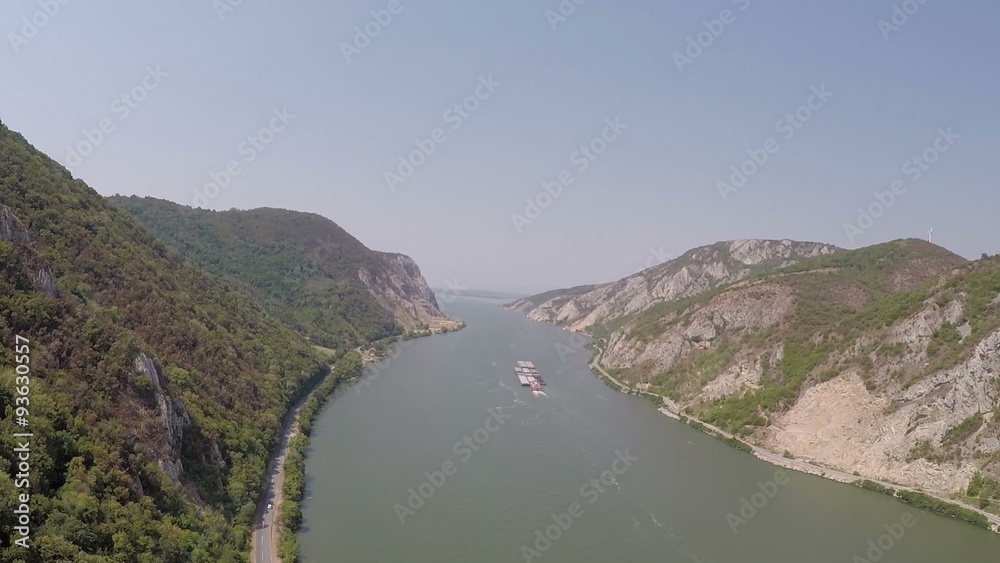 Aerial shot of a river cargo ship. Aerial shot of a river cargo ship.