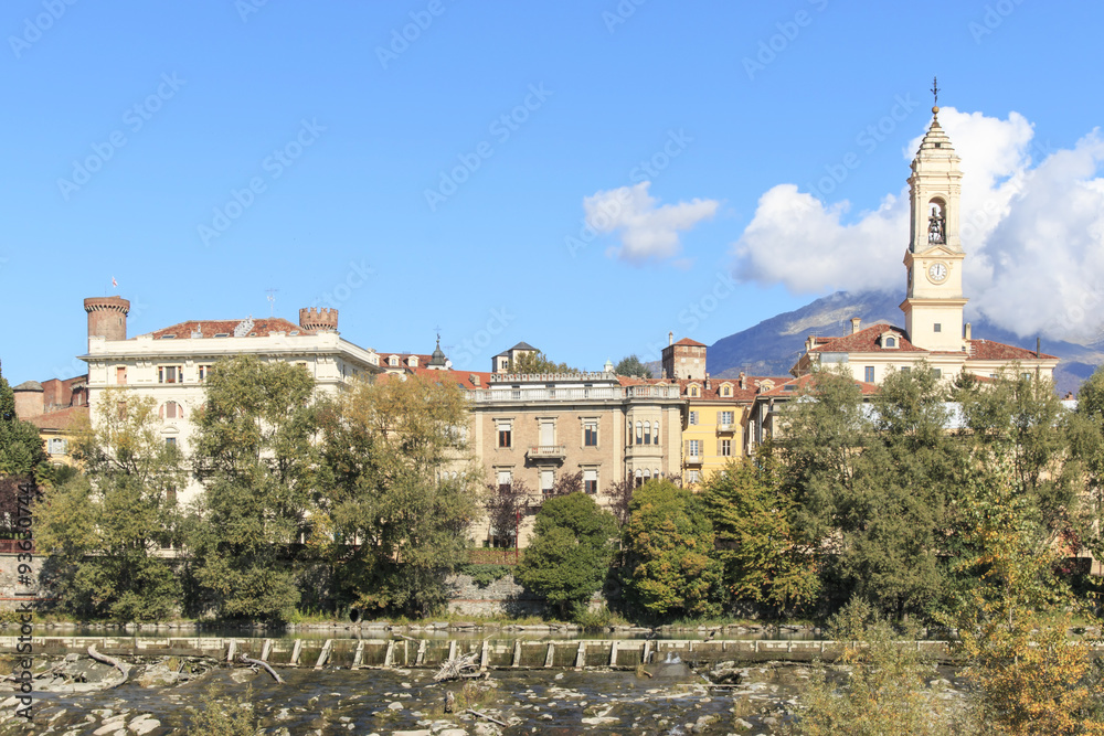 Dora Baltea River and Ivrea cityscape in Piedmont, Italy