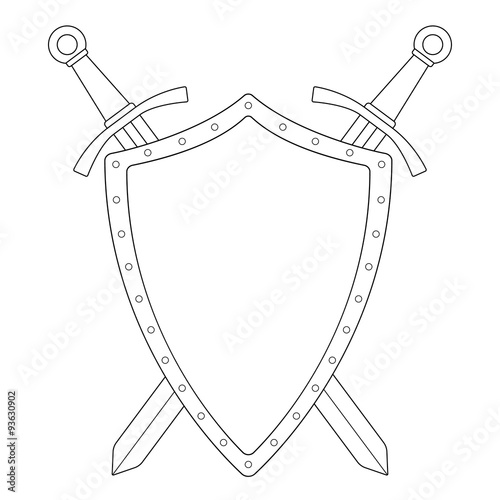 Two crossed swords steel shield emblem. Contour