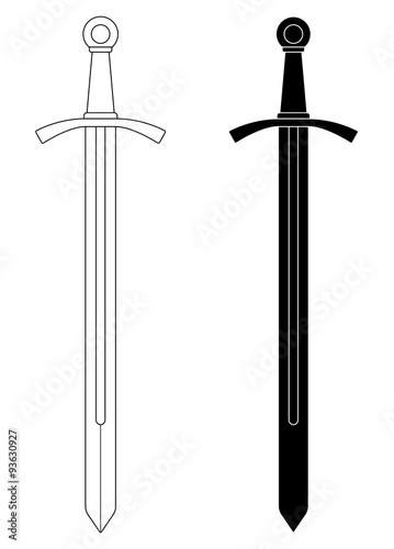 One-handed medieval knight sword. Contour, black