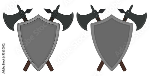 Two crossed axes and steel shield heraldry emblem