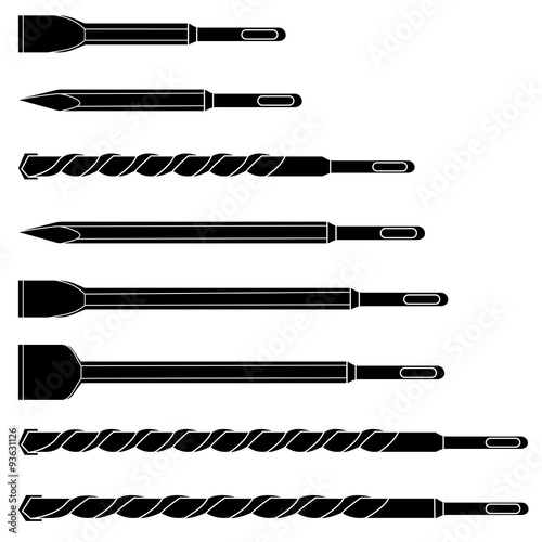 Set of steel professional hammer drill bits. Black