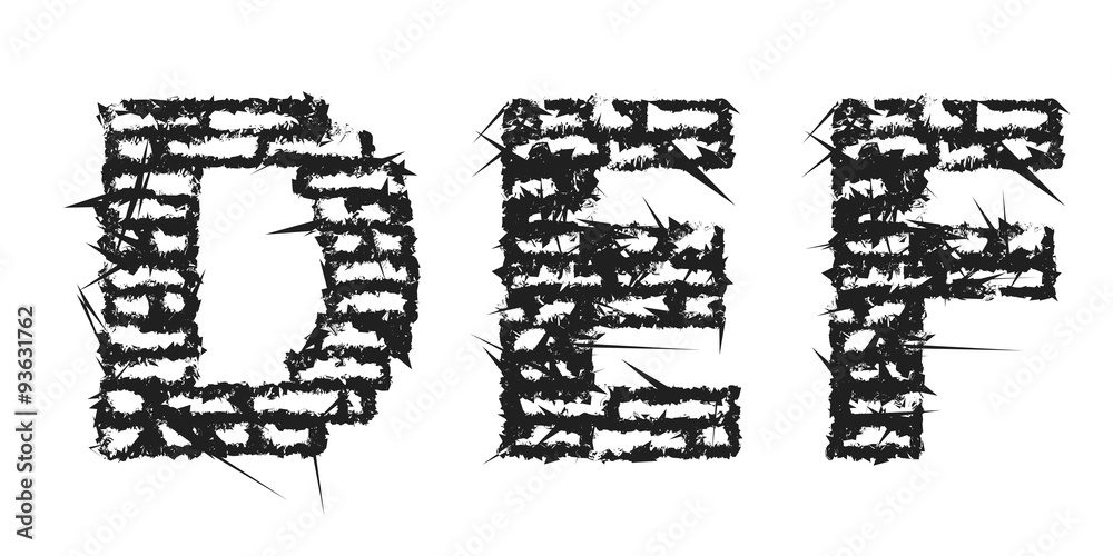 High detailed black empty decorative aggressive brick styled vintage font. Letters D, E, F. Vector illustration