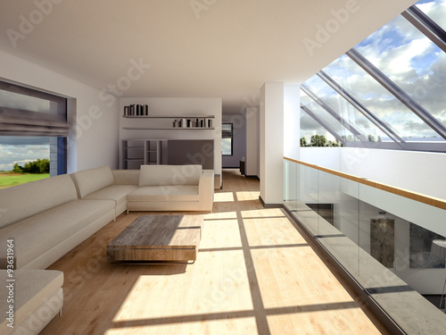 Foto 3D visualization of a living room on the second floor with a sloping window