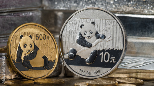 Photography Chinese Gold Panda vs. Silver Panda with Silver bars