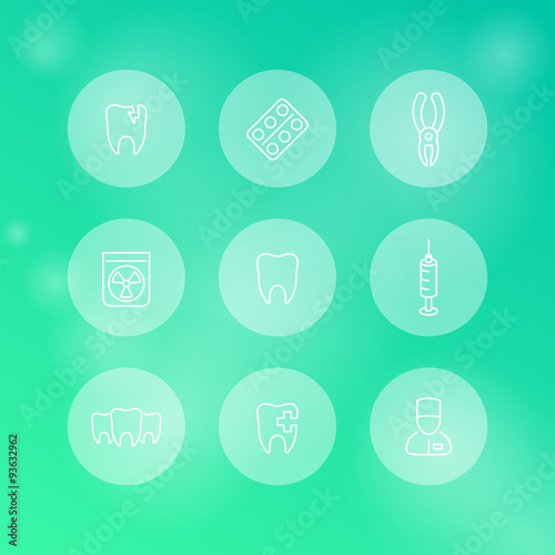 Tooth, dental care, dental pliers, toothcare, stomatology, line round white icons, vector illustration