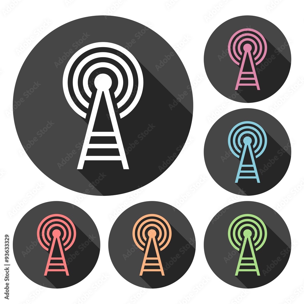 Transmitter tower icons set with long shadow
