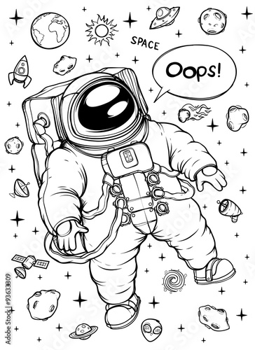 Astronaut in outer space. Black and white
Against the background of cosmic objects.