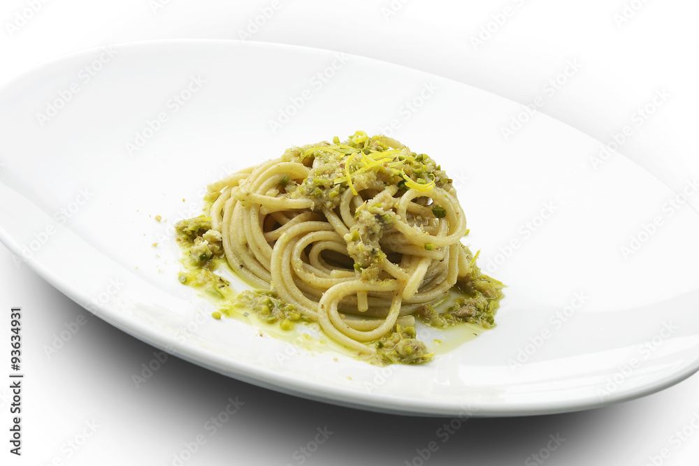 Spaghetti with anchovies and lemon pistachios