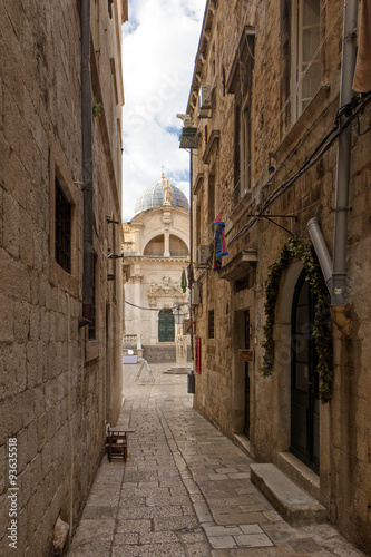 Narrow and empty alley and Church of Saint Blaise  Blasius  at the Old Town in Dubrovnik  Croatia.