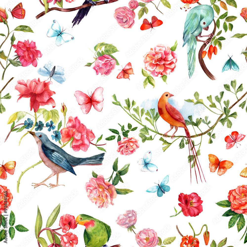 Obraz premium Seamless background pattern with retro watercolor birds, roses a