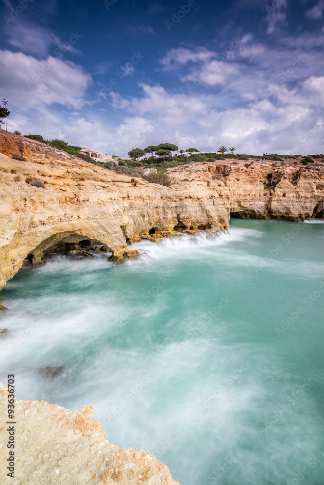 View of the cliffs and caves of Carvoeiro, in the Algarve Portuguese.