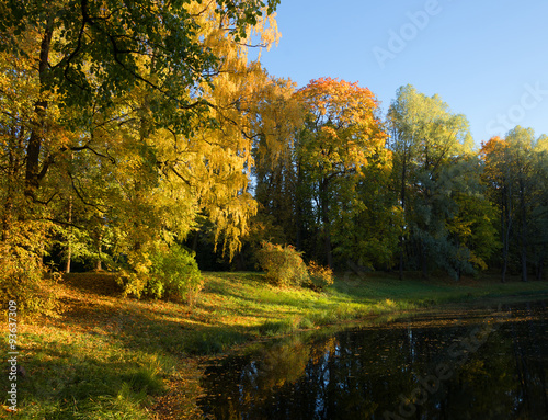  beautiful autumn landscape with water and colorful trees.