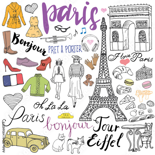 Paris doodles elements. Hand drawn set with eiffel tower bred cafe, taxi triumf arch, fashion elements, cat and french bulldog. Drawing doodle collection and lettering, isolated on white
