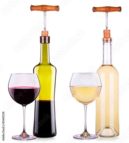 Set from red and white wine glasses, bottles