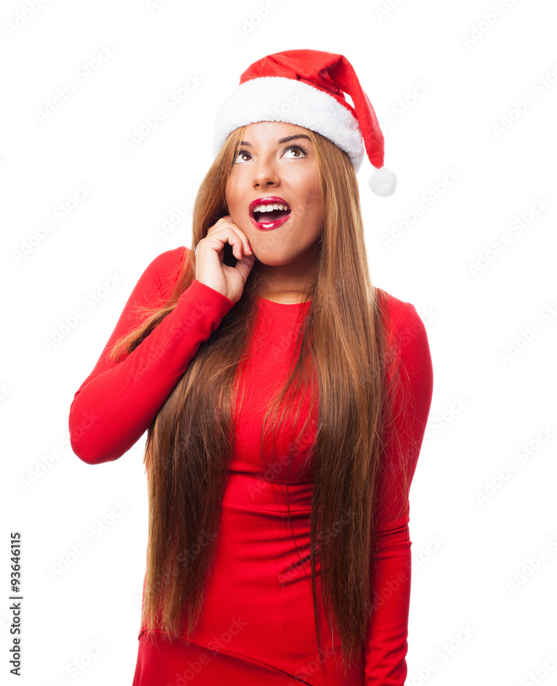 portrait of a beautiful young woman at Christmas with thinking gesture portrait of a beautiful young woman at Christmas with thinking gesture