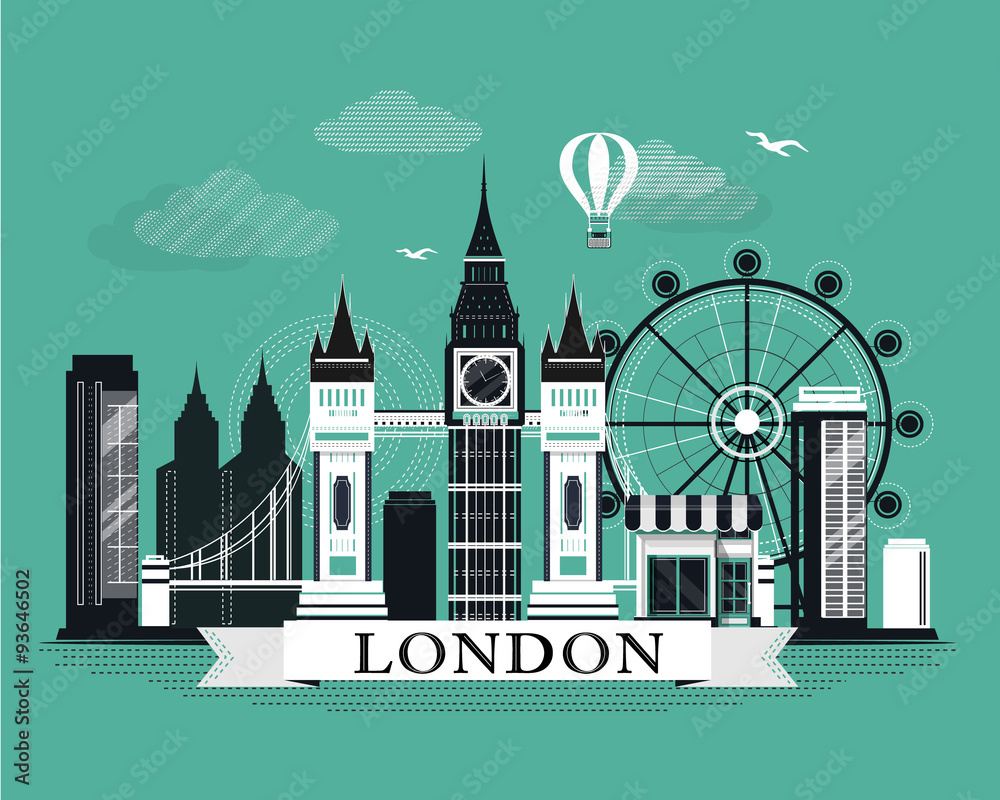 Cool graphic London city skyline poster with retro looking detailed