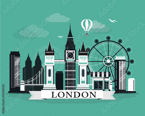 Cool graphic London city skyline poster with retro looking detailed design elements. London landscape with landmarks