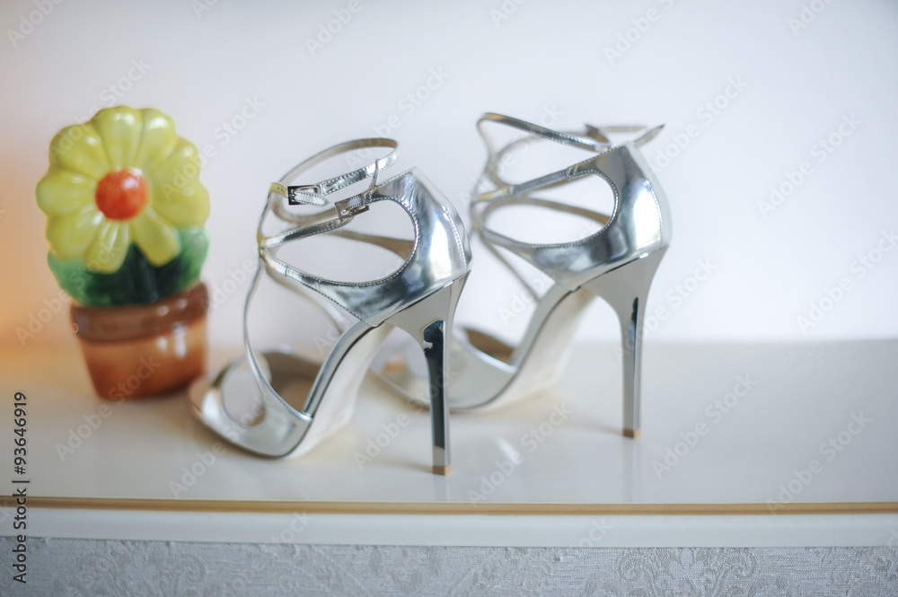 wedding concept with silver shoes. High heels wedding shoes. 
