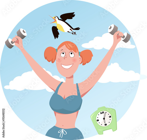 Morning bird. Smiling woman doing working out, a lark flying over her head, EPS 8 vector illustration, no transparencies