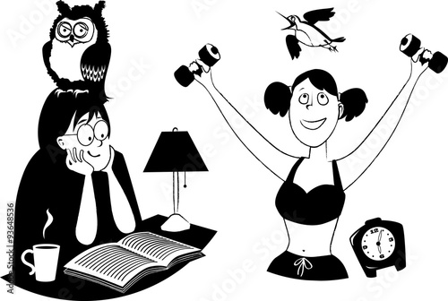 Black vector silhouette of a night owl and morning bird people, no white objects, isolated outline, EPS 8