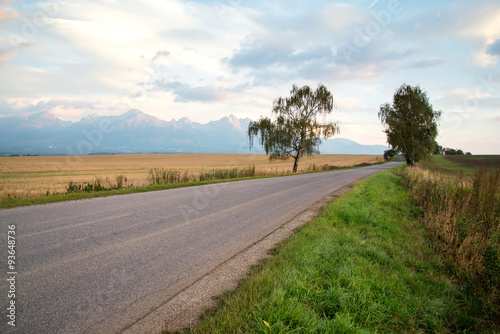 sunrise over a road to High Tatra mountains 