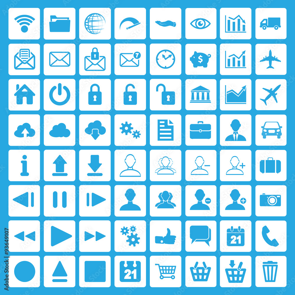 set of web, multimedia and business icons on a blue background set of web, multimedia and business icons on a blue background