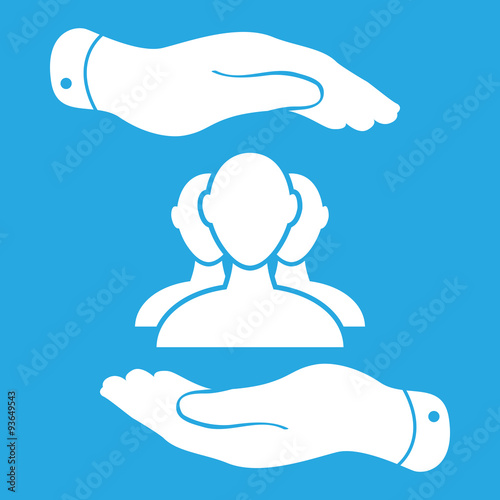 two hands with group of businessman icon on a blue background -