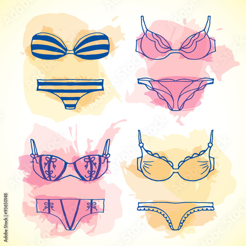 Lingerie hand drawn set. Vector underwear design. Outline illustration with splashes on background. Bras and panties doodle style