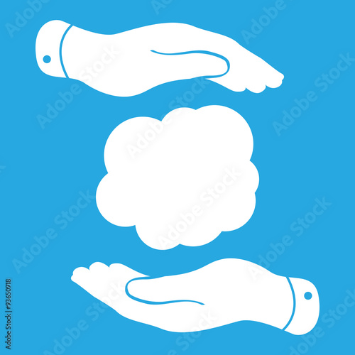flat hands with cloud frame on a blue background