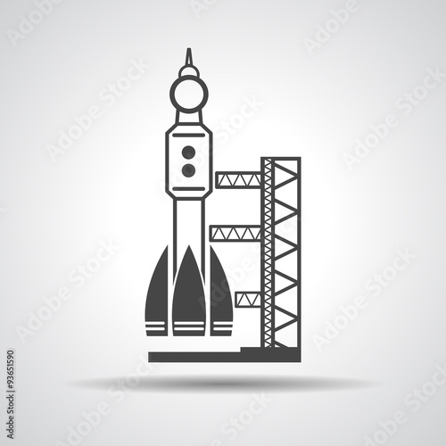 black launch site with rocket, spaceport icon, vector illustrati