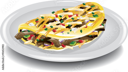Illustration of a steak and cheese omelet on plate.
