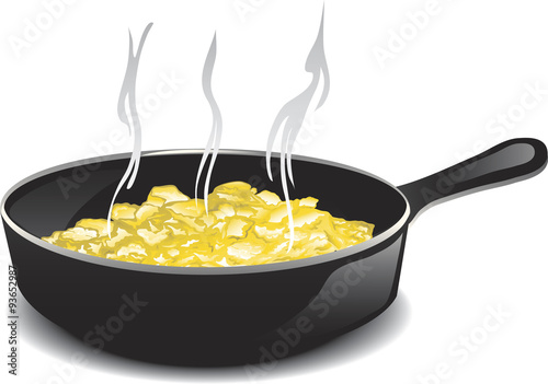 Illustration of a hot frying pan of scrambled eggs.