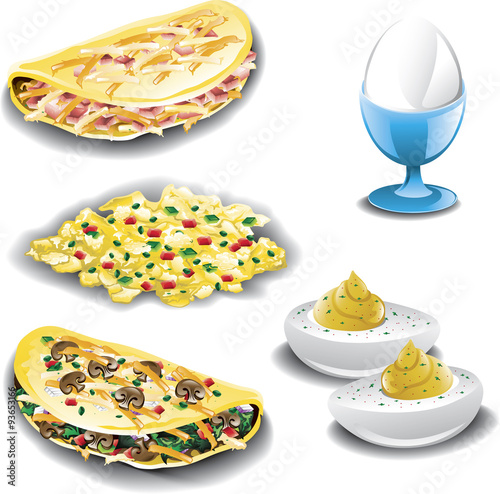 Illustration of five different egg dishes and omelets.