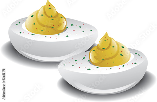 Illustration of two deviled eggs with paprika and parsley