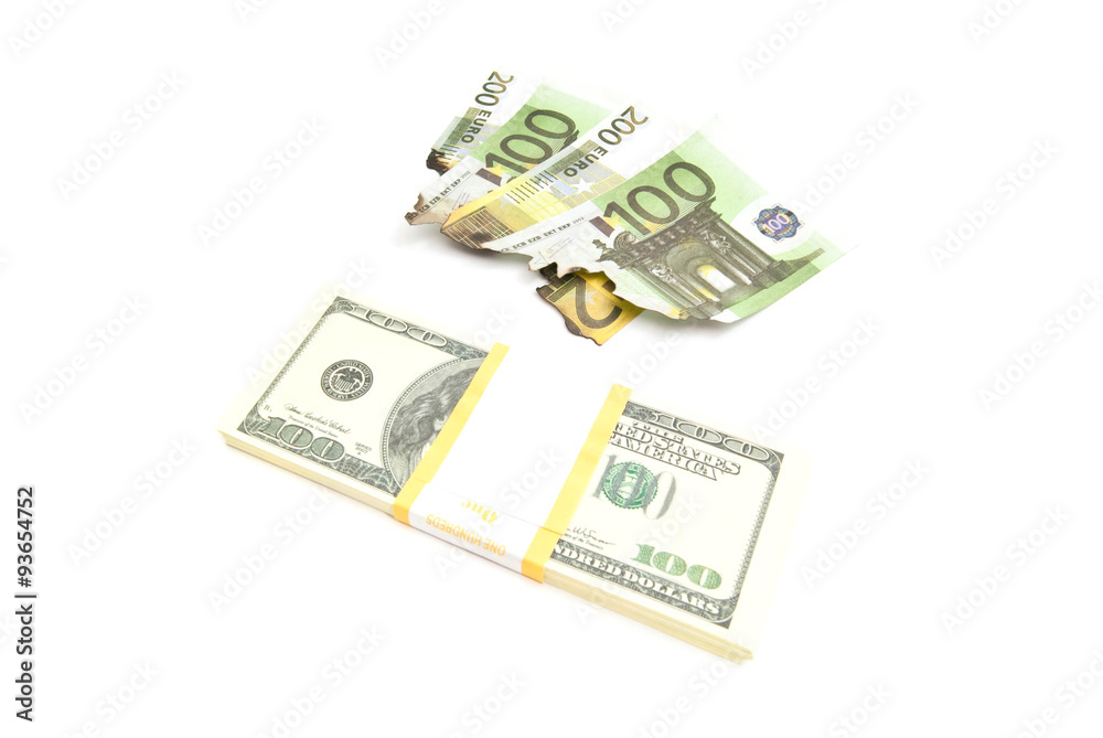 pack of dollars and burned euros banknotes pack of dollars and burned euros banknotes