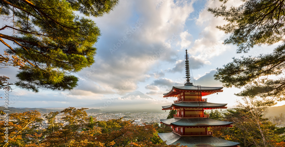 Red Pagoda with Japan Mount Fuji in the background