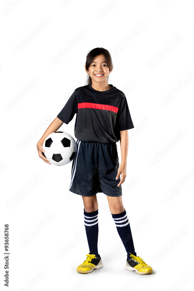 Young asian girl holding soccer ball, Isolated over white