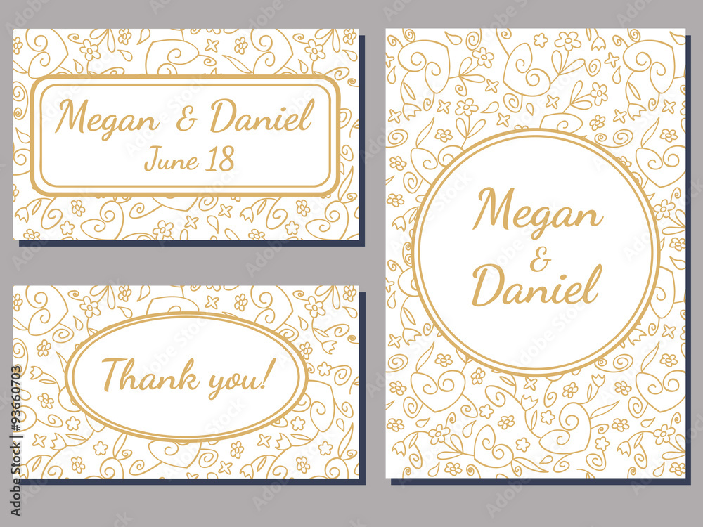 set of wedding cards with a curly golden ornate over white background set of wedding cards with a curly golden ornate over white background
