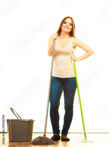 smiling cleaning woman mopping floor